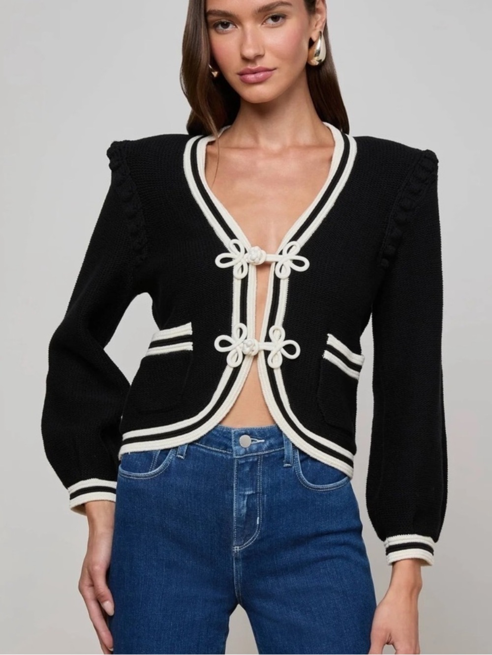 NWT L'Agence Kaito contrast trim black white cropped cardigan - Size small